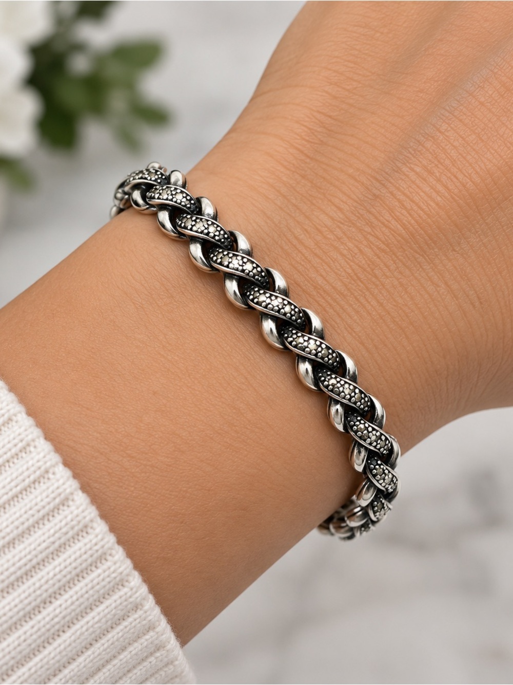 Vintage Silver Braided Link Bracelet Textured Woven Statement Jewelry